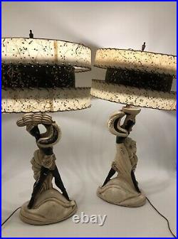 Vintage Nubian Blackamoor Continental Art Co. Chalkware Table Lamps Shades