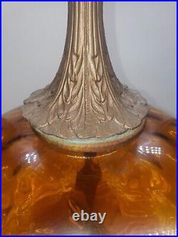 Vintage Optical Amber Glass Dimpled Brass Hollywood Regency Table Lamp 28