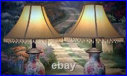 Vintage Oriental Asian Ceramic Table Lamps Pair with Beaded Shades 26 x 15