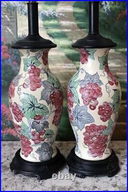 Vintage Oriental Asian Ceramic Table Lamps Pair with Beaded Shades 26 x 15