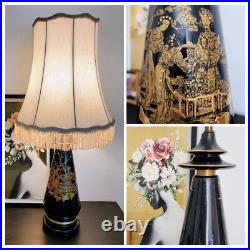 Vintage Oriental Chinoiserie Table Lamp Black & Gold Ivory Pagoda Fringed Shade