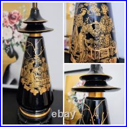 Vintage Oriental Chinoiserie Table Lamp Black & Gold Ivory Pagoda Fringed Shade