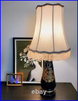 Vintage Oriental Chinoiserie Table Lamp Black & Gold Ivory Pagoda Fringed Shade Vintage Oriental Chinoiserie Table Lamp Black & Gold Ivory Pagoda Fringed Shade