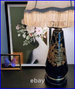 Vintage Oriental Chinoiserie Table Lamp Black & Gold Ivory Pagoda Fringed Shade Vintage Oriental Chinoiserie Table Lamp Black & Gold Ivory Pagoda Fringed Shade