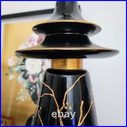 Vintage Oriental Chinoiserie Table Lamp Black & Gold Ivory Pagoda Fringed Shade Vintage Oriental Chinoiserie Table Lamp Black & Gold Ivory Pagoda Fringed Shade