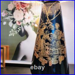 Vintage Oriental Chinoiserie Table Lamp Black & Gold Ivory Pagoda Fringed Shade