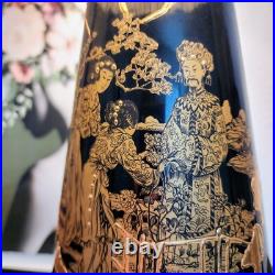 Vintage Oriental Chinoiserie Table Lamp Black & Gold Ivory Pagoda Fringed Shade