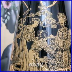 Vintage Oriental Chinoiserie Table Lamp Black & Gold Ivory Pagoda Fringed Shade