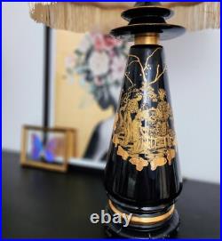 Vintage Oriental Chinoiserie Table Lamp Black & Gold Ivory Pagoda Fringed Shade