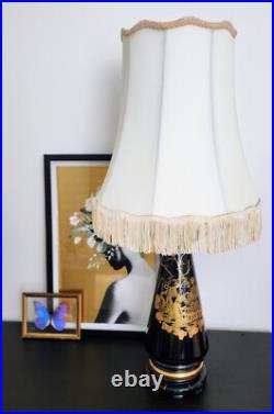 Vintage Oriental Chinoiserie Table Lamp Black & Gold Ivory Pagoda Fringed Shade