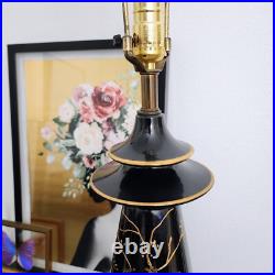 Vintage Oriental Chinoiserie Table Lamp Black & Gold Ivory Pagoda Fringed Shade