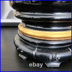 Vintage Oriental Chinoiserie Table Lamp Black & Gold Ivory Pagoda Fringed Shade