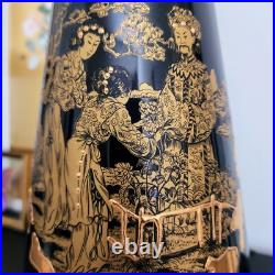 Vintage Oriental Chinoiserie Table Lamp Black & Gold Ivory Pagoda Fringed Shade Vintage Oriental Chinoiserie Table Lamp Black & Gold Ivory Pagoda Fringed Shade