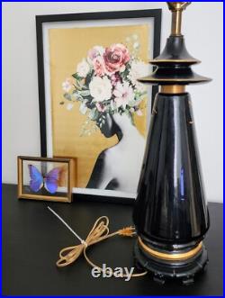 Vintage Oriental Chinoiserie Table Lamp Black & Gold Ivory Pagoda Fringed Shade