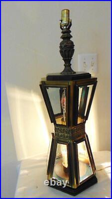 Vintage Ornate Brass TABLE LAMP Beveled 6 PANEL Glass & Wood Flicker Lights RARE