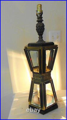 Vintage Ornate Brass TABLE LAMP Beveled 6 PANEL Glass & Wood Flicker Lights RARE
