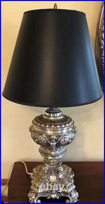Vintage Ornate Hollywood Regency Cast Metal Silver Cherubs & Angels Table Lamp