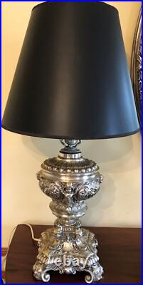 Vintage Ornate Hollywood Regency Cast Metal Silver Cherubs & Angels Table Lamp
