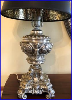 Vintage Ornate Hollywood Regency Cast Metal Silver Cherubs & Angels Table Lamp
