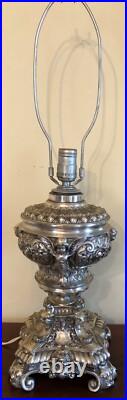 Vintage Ornate Hollywood Regency Cast Metal Silver Cherubs & Angels Table Lamp