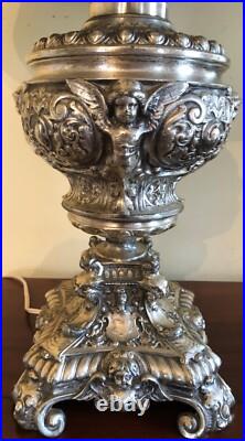 Vintage Ornate Hollywood Regency Cast Metal Silver Cherubs & Angels Table Lamp