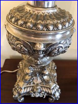 Vintage Ornate Hollywood Regency Cast Metal Silver Cherubs & Angels Table Lamp