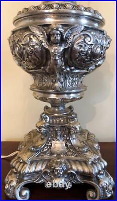 Vintage Ornate Hollywood Regency Cast Metal Silver Cherubs & Angels Table Lamp