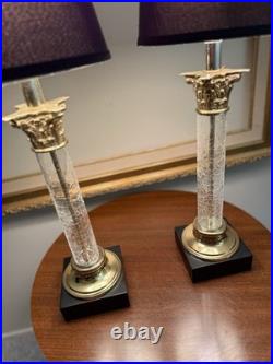 Vintage PAIR Hollywood Regency Neoclassical Corinthian Crackle Glass Gilt Lamps