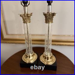 Vintage PAIR Hollywood Regency Neoclassical Corinthian Crackle Glass Gilt Lamps