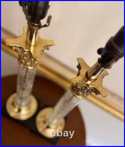 Vintage PAIR Hollywood Regency Neoclassical Corinthian Crackle Glass Gilt Lamps