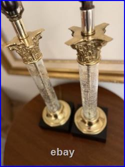 Vintage PAIR Hollywood Regency Neoclassical Corinthian Crackle Glass Gilt Lamps