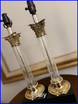 Vintage PAIR Hollywood Regency Neoclassical Corinthian Crackle Glass Gilt Lamps
