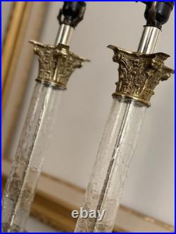 Vintage PAIR Hollywood Regency Neoclassical Corinthian Crackle Glass Gilt Lamps