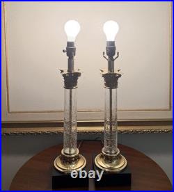 Vintage PAIR Hollywood Regency Neoclassical Corinthian Crackle Glass Gilt Lamps