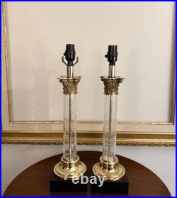 Vintage PAIR Hollywood Regency Neoclassical Corinthian Crackle Glass Gilt Lamps