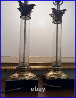 Vintage PAIR Hollywood Regency Neoclassical Corinthian Crackle Glass Gilt Lamps