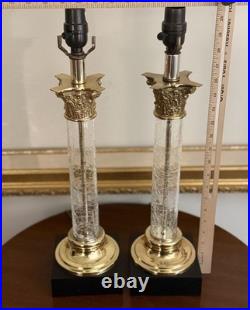 Vintage PAIR Hollywood Regency Neoclassical Corinthian Crackle Glass Gilt Lamps