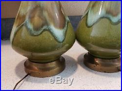 Vintage PAIR Mid Century MCM Green Drip Glaze 2 Table Lamps