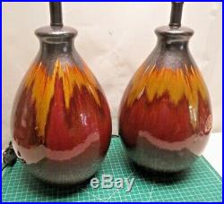 Vintage PAIR Mid-Century Modern Drip Glaze Pottery Table Lamps 3 way