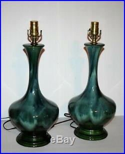 Vintage PAIR Mid-Century Modern Phil-Mar Blue Green Drip Glaze Pottery Lamps