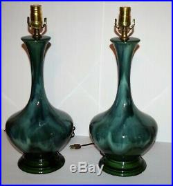 Vintage PAIR Mid-Century Modern Phil-Mar Blue Green Drip Glaze Pottery Lamps