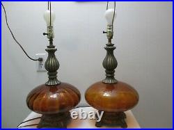 Vintage PAIR of Hollywood Regency Table Lamps Amber Optic Ribbed 26 Tall