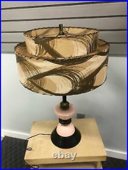 Vintage PINK LAMP SET w Two Tier Fiberglass Shade mid century modern Table Floor