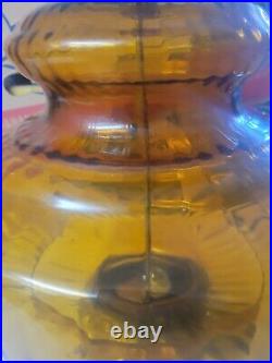 Vintage Pair 70's 3 way Midcentury Amber Glass Globe Saucer Table Lamps ribbed