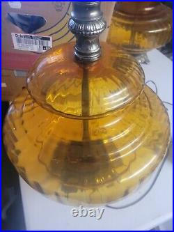 Vintage Pair 70's 3 way Midcentury Amber Glass Globe Saucer Table Lamps ribbed