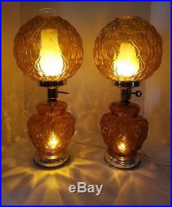 Vintage Pair Amber Glass Hurricane Globe Lamps Underwriters Laboratories 20