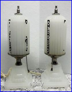 Vintage Pair Art Deco Milk Glass Shade Bullet Table Or Boudoir Vanity Lamps