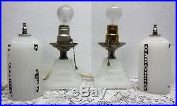 Vintage Pair Art Deco Milk Glass Shade Bullet Table Or Boudoir Vanity Lamps