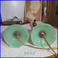 Vintage Pair Art Deco Round Base Standing Jadeite Electric Table Lamps 1900s