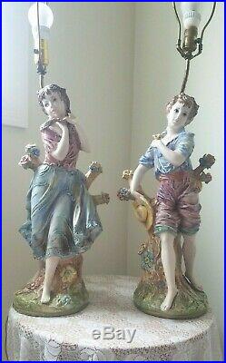 Vintage Pair Capodimonte Style Italian Figural Lamp Boy Girl Pair Shabby Chic